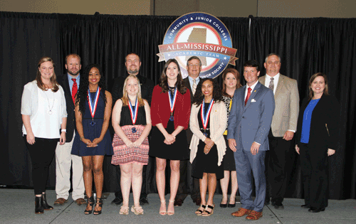 Pictured at the All-Mississippi Community College Academic Team Recognition Luncheon are (front row, left to right) Advisor Blair Booker, Aundria Price, Nicole Moffett, Emily Lamkin, Ashley Hatch and Holmes President Dr. Jim Haffey; and (back row, left to right) Advisor Will Alexander, Advisor Jason Kelly, Ridgeland Campus Vice-President Dr. Don Burnham, Advisor Amber Mabus, Goodman Campus Director Andy Wood and Grenada Campus Vice-President Michelle Burney. Not pictured: Honoree Daphna Jill Allen was recognized, but unable to attend the luncheon.