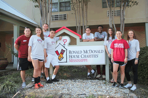 IN THIS PHOTO: Pictured at the Ronald McDonald House Charities of Mississippi (RMHC MS) location in Jackson are Head Soccer Coach Matt Convertino, Catherine Petro, Skylar Schmidt, Elias Farias, Grayson Smith, Jaylon Robinson, Kaylan Green, Courtney Turner and Alex Howard. Members of the men and women’s teams served dinner to the residents of the RMHC in shifts on Tuesday, April 25.