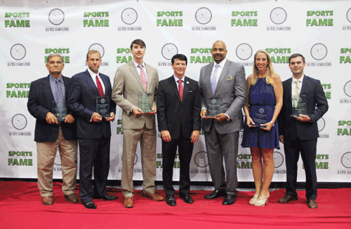 Pictured are the 2017 Sports Hall of Fame inductees with (center) Holmes President Dr. Jim Haffey. They are (left to right)Charles McCluskey, Football/Baseball; Todd Kimble, Men's Basketball Coach; Austin Taylor, Baseball; Derek Starling, Jr., Men's Basketball; Elizabeth Mosby Ellis, Women's Basketball, and Phillip Sistrunk, Men's Soccer.