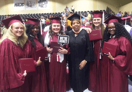 Pictured is the Grenada Campus Surgical Technology Class of 2017 with (fourth from left) Surgical Technology Program Director Jessica Elliott following graduation on May 12. The graduates are: (left to right) Mary Neill, Jessica Holland, Brittany Starnes, Meredith Moore and Mya Golliday.