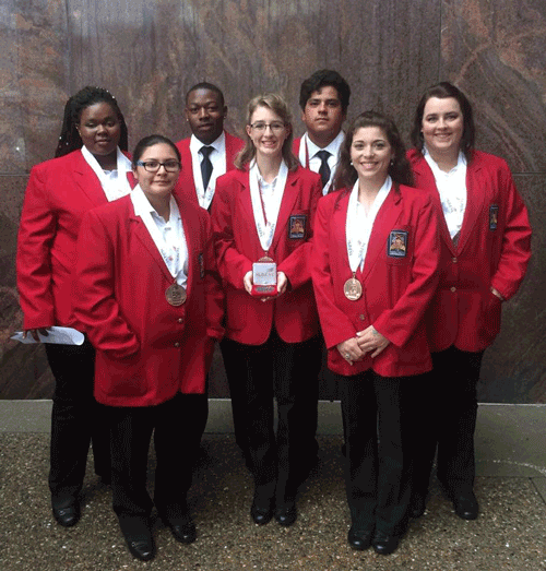 IN THIS PHOTO: Pictured are the members of the Holmes Community College Goodman Campus SkillsUSA Opening and Closing Team who won third place in the National SkillsUSA competition in Louisville, Kentucky on June 23. They are (front, left to right) Ann Pohlig, Hallie Westbrook, Lauren Martin, and (back, left to right) Lakesha Rand, Kevin Luckett, David Orduna and Jenna Cummings.