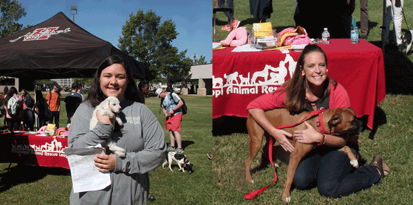 (left) Pictured is Stephanie Wood, district graphic designer for Holmes, with Stella, her new adopted boxer. (right) Pictured is Holmes student Breanna Moss with Snowflake, her new adopted puppy.