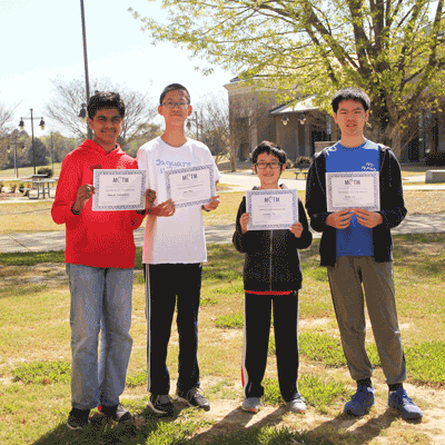 Winners of the Annual Mississippi Council of Teachers of Mathematics (MCTM) District Junior High Math Competition, held at Holmes Community College on March 22, included: (left to right) second place for eighth grade, Dhanush Kondbathani, Germantown Middle School; first place for eighth grade, Leo Mei, Madison Middle School; first place for seventh grade, Landon Tu, Madison Middle School and second place for seventh grade, Andy Lu, Madison Middle School.