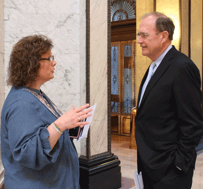 Pictured is (left) Grenada Public Schools special education teacher Marie Lane speaking with Mississippi Secretary of State Delbert Hosemann at ABA Capitol Day on March 19. Lane just finished they ABA course at Holmes that Secretary Hosemann provided a scholarship for through his family’s foundation.