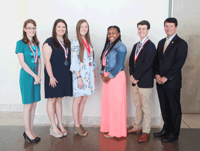 Pictured at the All-Mississippi Community College Academic Team Recognition Luncheon are (left to right) Hallie Westbrook, Lake Shipp, Courtney Dees, Chelsea Williams, Bradford James and Holmes President Dr. Jim Haffey. Not pictured: Abigail Wilkerson.