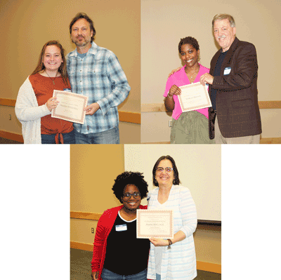 IN THESE PHOTOS:
(top left) The judge for the MCCCWA competition in the Fiction Category, (right) award-winning author Michael Farris Smith, is pictured with first place winner, Holmes Goodman Campus student Hayden Mitchell of Kosciusko.
(top right) The judge for the MCCCWA competition in the Literary Essay Category, (right) Belhaven University English Chair Dr. Don Hubele, is pictured with second place winner, Ridgeland Campus student Kamilah Brown of Jackson.
(bottom) The judge for the MCCCWA competition in the Poetry Category, (right) poet/artist Paula Lambert, is pictured with Honorable Mention winner, Goodman Campus student Amira Wallace of Jackson.
Not pictured: Devin Ammons of Bentonia.