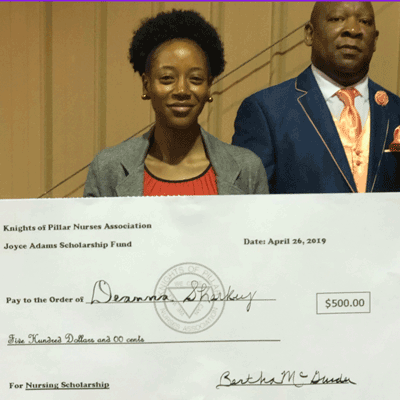 Pictured is Deanna Sharkey, a Holmes Associate Degree Nursing sophomore who received a $500 Joyce Adams Scholarship from the Knights of Pillars Nurses Association on April 26.